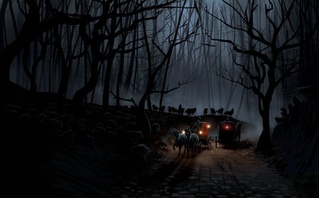 Meeting in the forest - abstract, men, lamps, wolfs, chariots, moonlight, wallpaper, fantasy