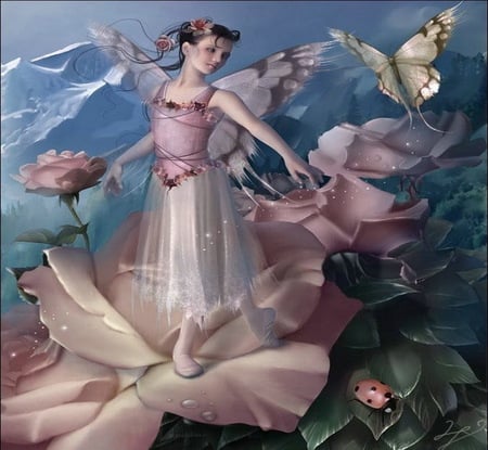 Rose Fairy - beauty, girl, roses, forest, mountains, fairy, butterflies