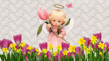 Angel of Spring - spring, lace, angel, daffodils, firefox persona, tulip, heavenly, tulips, butterfly