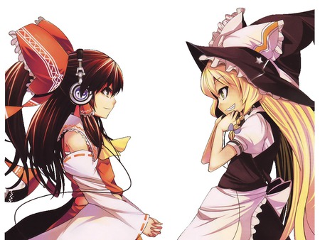 Reimu and Marisa - girls, touhou, marisa, red, headset, reimu