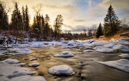 Icy River - beauty, ice, sky, trees, landscape, winter, nature, cold, snow, river, icy, stones