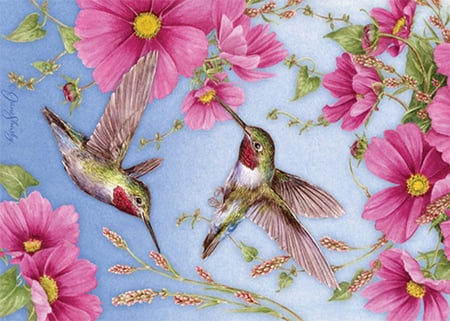 HUMMINGBIRDS PINK - flowers, cosmos, hummers, two, little