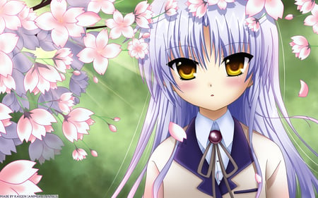 Sakura Tenshi - anime, sakura, tenshi, school, girl, blush, angel, angel beats, flower, long hair, uniform, golden eyes, tachibana kanade, cute