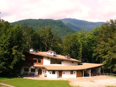 House under the mountains - house, under, surrounded for many trees, modern style, mountains