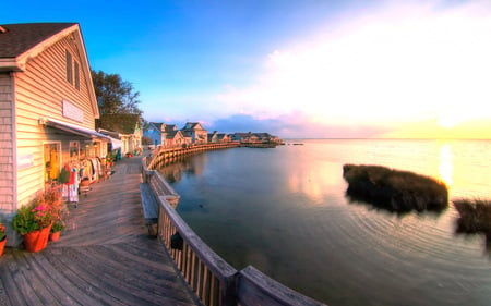 Store at the shore of sea - beach, sunset, shore, plants, deck, store, flowers, sea, dress