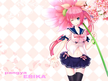 pangya - flowers, skirt, thighhighs, erika, pink hair, pink, pangya