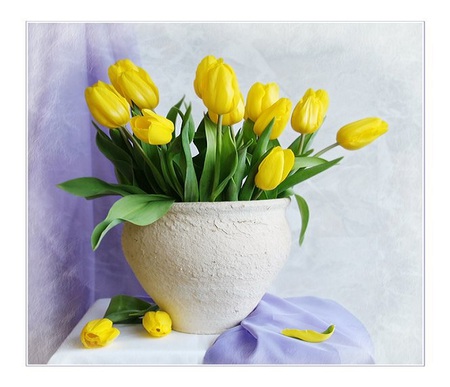 Friendship blooms - purple cloth, silk, yellow tulips, blooms, tulips, leaf, vase, purple, yellow, wall, petals, beautiful, table, friendship, pot, flowers