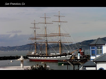 ship at port  - sky, water, boat, hills, sea, nature, sailboat