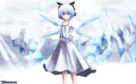 Touhou - touhou, short hair, cirno, game, anime, girl, blue, ice, crystal