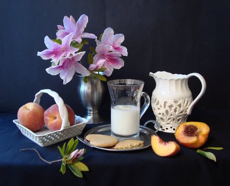 breakfast with flowers - milk, breakfast, fruits, flowers, still life, vase