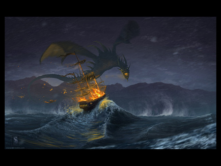 Stormy attack - storm, attack, image, ship, sea, stormy, night, fantasy, dragon, fire, digital, waves, mountains, sky, wall, wallpaper