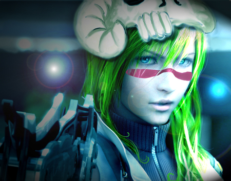 Lightning X Neliel - final fantasy series, nel, neliel, ff13, lightning farron, weapon, green hair, claire farron, lightning, final fantasy 13, anime, bleach, cg, long hair, hollow mask, neliel tu oderschvank, blue eyes, realistic