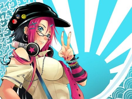 Asturias Mangacon - hat, tie, anime girl, long hair, asturias mangacon, headphones, glasses, black hair, pink hair, blue eyes