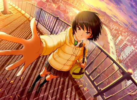 Let's go home,Senpai - headphone, game, anime, beautiful, nanasaki ai, city, walk, home, manga, sunset, amagami, bridge