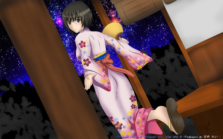 Come with me... - girl, night, amagami, nanasaki ai, new year eve, game, yukata, anime, cute, manga