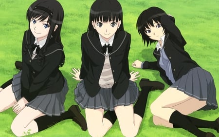 Girls at Grass - game, anime, skirt, nanasaki ai, long hair, girls, school uniform, manga, haruka morishima, ayatsuji tsukasa, amagami, black hair, cute