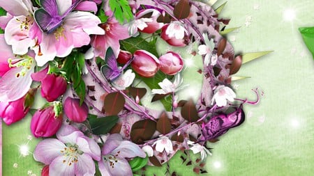 Spring in Pink and Green - tulips, summer, spring, foliage, purple, butterfly, pink, green, flowers, firefox persona