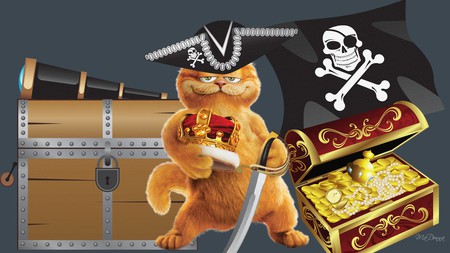 Garfield the Pirate - hat, trunk, comics, sword, gold, cat, skull, garfield, flaag, telescope, pirate, tv