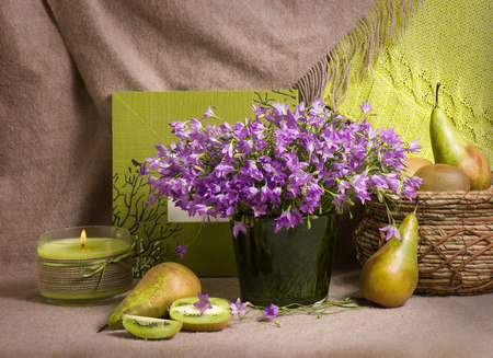 still life - nice, kiwi, photography, bouquet, still life, purple, cool, pretty, green, harmony, candle, pear, lovely, vase, fruit, beautiful, flowers, photo, flower