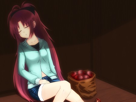 Kyoko Sakura - sleeping, casual clothes, female, anime, kyoko sakura, red hair, solo, apples