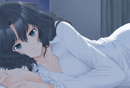 Good Morning... - bed, girl, shirt, room, amagami, wake, white, game, anime, smile, kaoru tanamichi, cute, short hair, manga