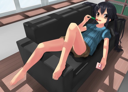 Rest at Home - ice cream, ponytail, nakano asuza, long hair, black hair, eat, k-on, phone, rest, anime, cute, manga