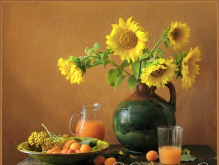 Peaches and sunflowers - juice, sunflowers, peaches, orange, green vase, fruit