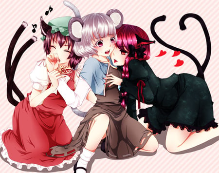 Touhou - red eyes, red hair, cat girls, chen, kaenbyou rin, nazrin, purple hair, dress