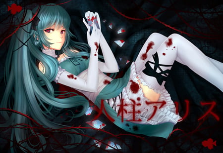 vocaloid - blood, miku hatsune, dress, aqua hair, red eyes