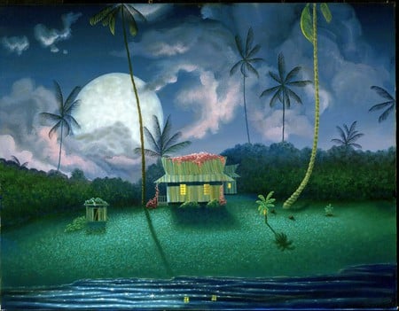 DREAM HOUSE - clouds, house, moon, palm trees, night, dreamy