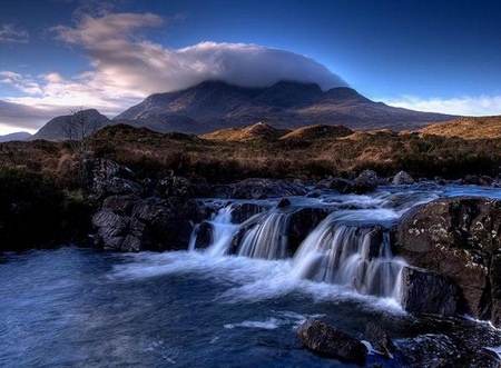 Surreal scenery - mountain, water, isle, rocks, rushing, cloud, beautiful, scenery, grass, waterful, europe