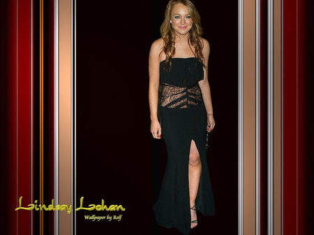 Lindsay Lohan - actress, long sexy black dress, female, smile, red lips, long blond hair