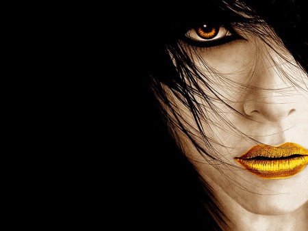 Watch It - woman, yellow lips, face, abstract, black hair, brown eye