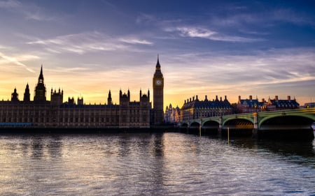 London - arcitecture, sunset, evening, big ben, parliament, river, city, the palace of wenstminster, bridge