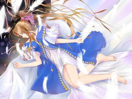 Sleeping Beauty - ah my goddess, anime, beautiful, girl, feather, long hair, series, manga, belldandy, sleep, ova