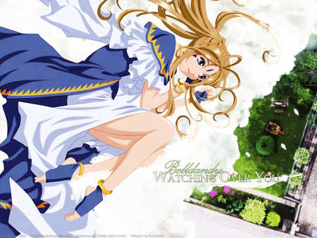 Watch over you - keichi morisato, ah my goddess, long hair, goddess, belldandy, cloud, blue, beautiful, anime, series, house, manga, ova