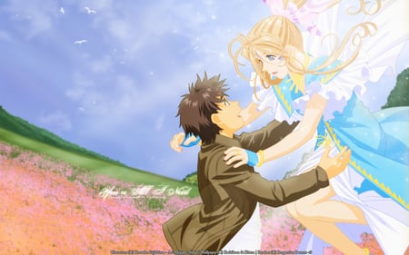 You're All I Need - keichi morisato, ah my goddess, girl, field, goddess, belldandy, boy, human, anime, series, flower, manga, ova