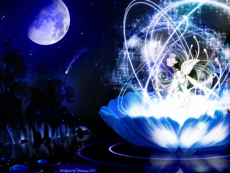 Birth of Morgan - moon, ah my goddess, birth, goddess, anime, morgan, ova, flower, manga