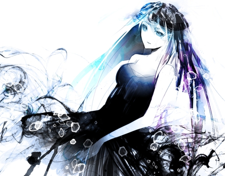 Megurine Luka - aqua, music, singer, anime girl, black, white, virtual, art, purple, megurine luka, idol, aqua eyes, megurine, artistic, luka, black dress, girl, pink hair, song, cg, vocaloids, program, vocaloid, blue, shades, digital, flowers, diva, contrast, dress