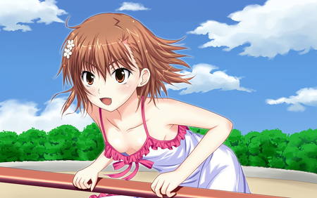 Anime - no bra, brown eyes, short hair, brown hair, dress