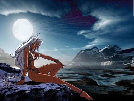 Beautiful Night - moon, ah my goddess, swimsuit, long hair, night, goddess, urd, black skin, anime, series, manga, ova