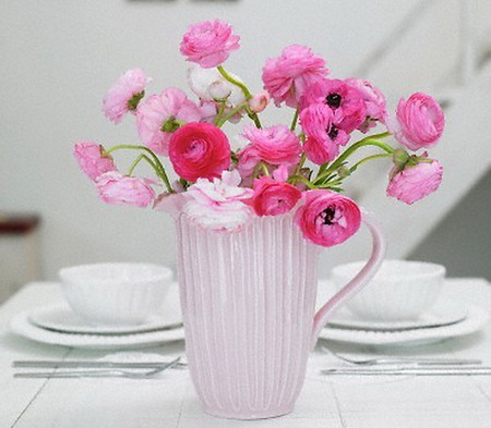 Table dressing - pink, flowers, spring, table, pitcher