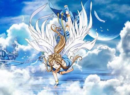 In Heaven - moon, sky, ah my goddess, wings, goddess, belldandy, white, clouds, castle, blue, anime, series, manga, ova