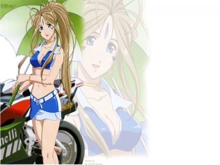 Umbrella Girl - ah my goddess, motorcycle, anime, blue, girl, long hair, series, manga, belldandy, umbrella, ova, sexy, race