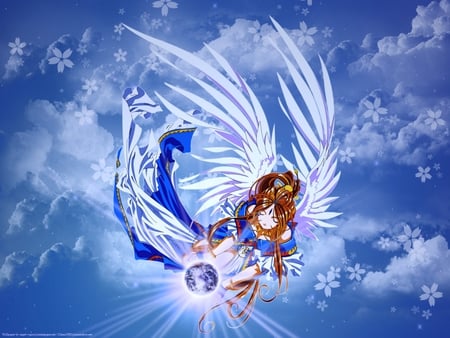 The world in her hands - ah my goddess, anime, blue, girl, earth, series, manga, belldandy, white, goddess, ova, wings