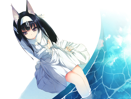 Anime - water, nekomu, black hair, animal ears, wet, ress, original