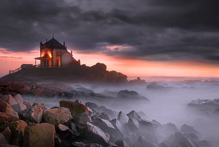 Beach house - pink sky, mist, evening, waves, ocean, rugged beauty, home, rocks