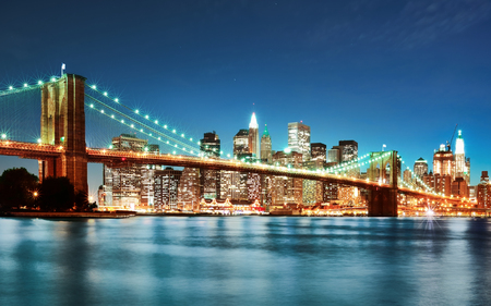 Brooklyn Bridge - amazing, landscape, night, architecture, usa, river, view, lights, skyscapers, new york, bridge