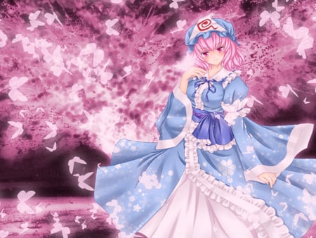 Saigyouji Yuyuko - beautiful, butterflies, dress, girl, cute, beauty, pink