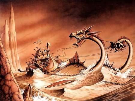 The Sea Chariot !!! - ship, abstract, brown, background, dragon, fantasy